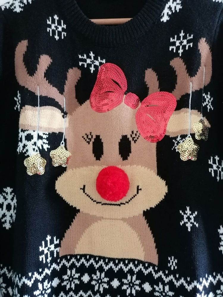 pep and co Womens Christmas Jumper M 12 To 14 Black 38 Inch Bust Reindeer Design - Picture 2 of 8